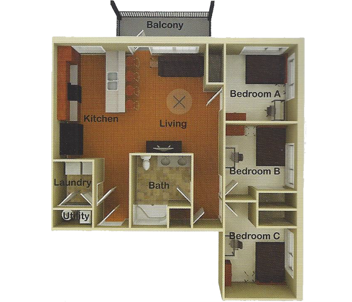 Top down rendering of the 3 bedroom apartment layout.